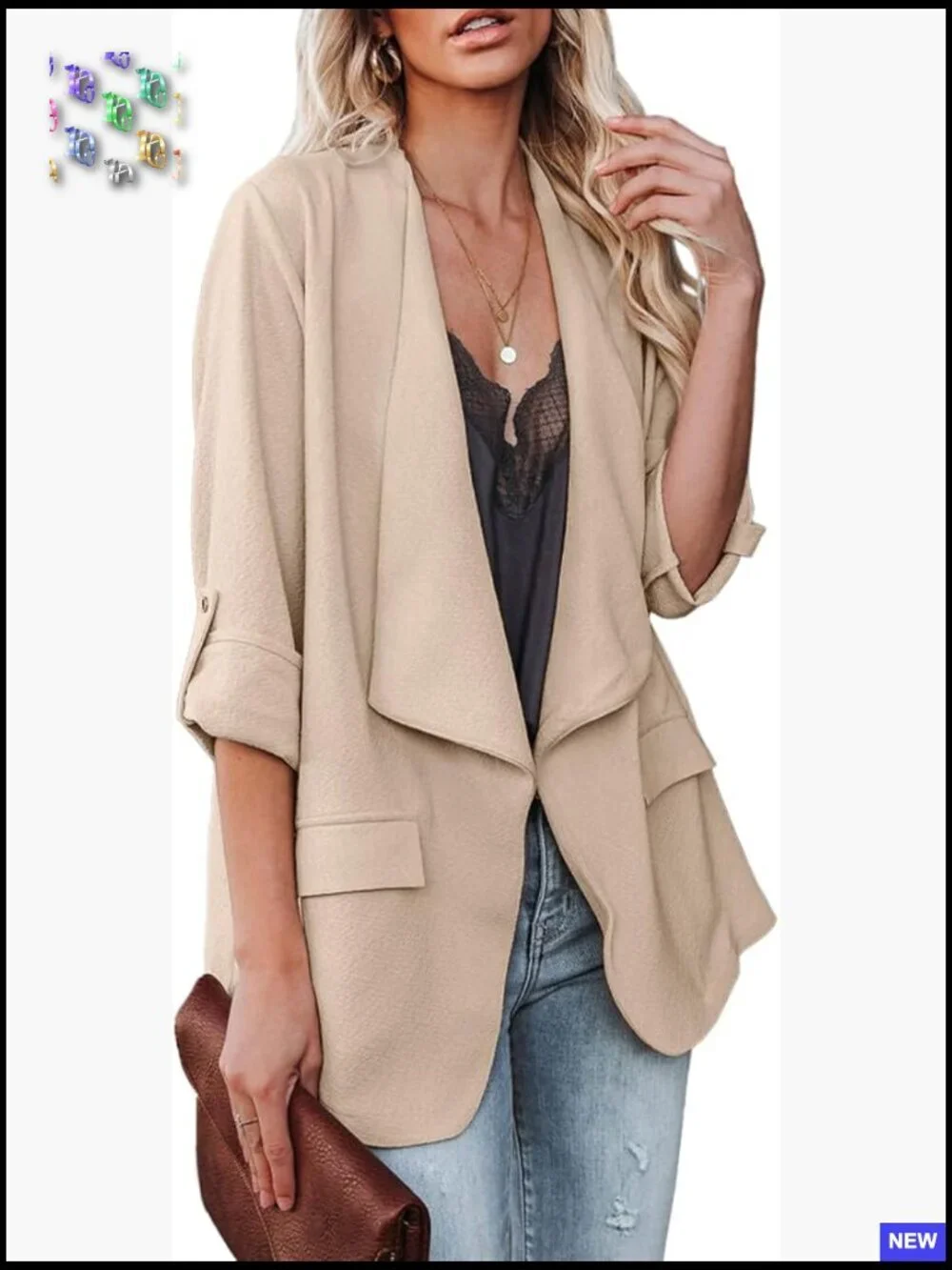 Casual Blazer Jacket Roll Up Sleeves Open Front Work Office Business Chic